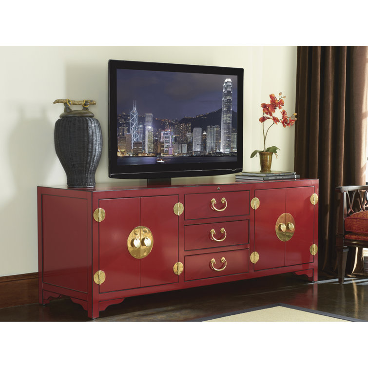Pacific Isle 75" Red Transitional Media Console with Cabinet