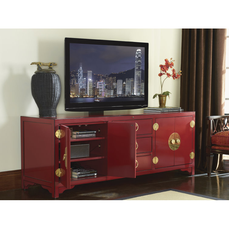 Pacific Isle 75" Red Transitional Media Console with Cabinet