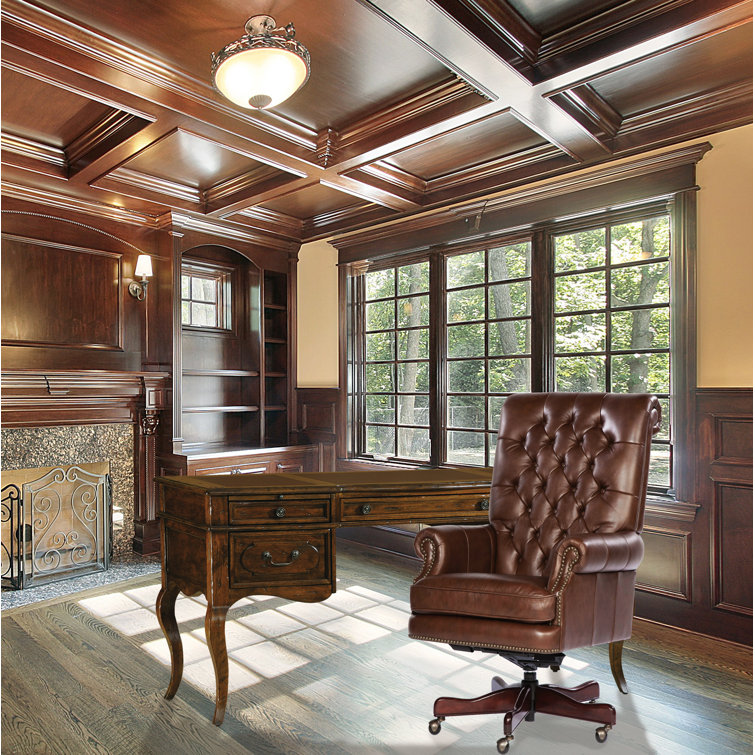 Traditional Brown Leather Swivel Executive Chair with Wood Accents
