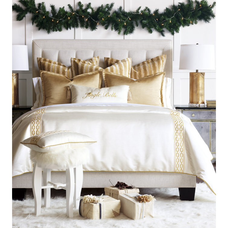 White and Gold Embroidered Lumbar Pillow with Tassels