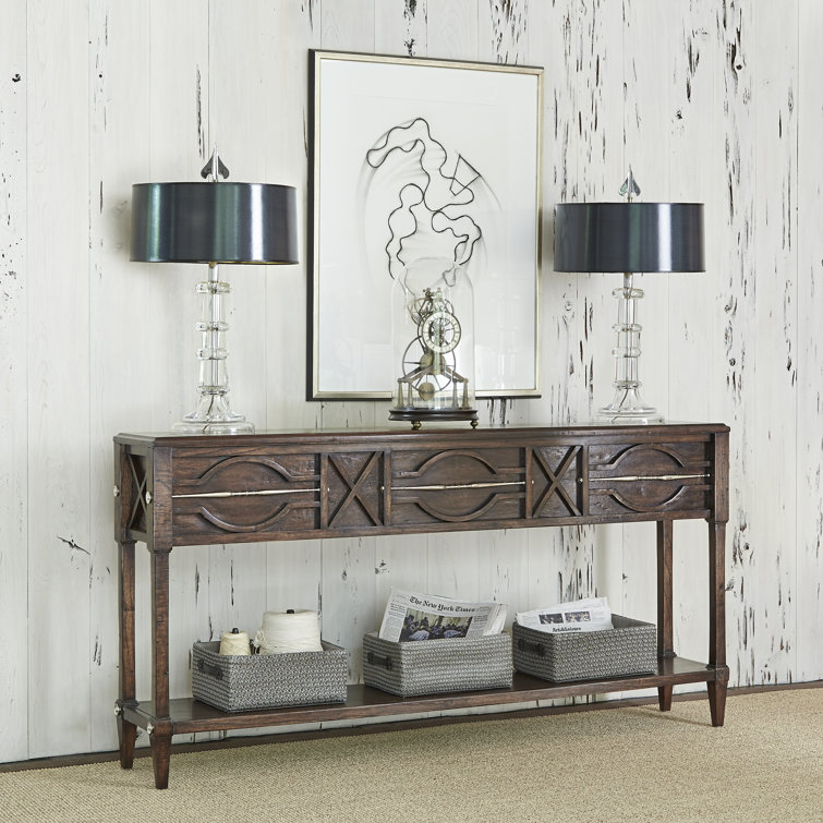 Walnut and Brass Spindle Console Table with Shelf