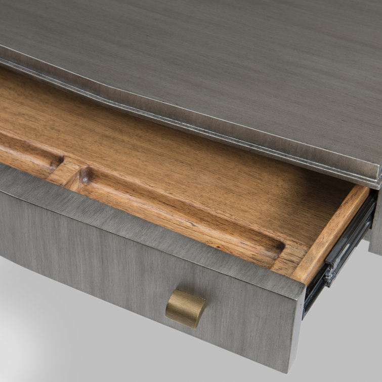 Gray Mahogany Writing Desk with Brass Accents and Drawer