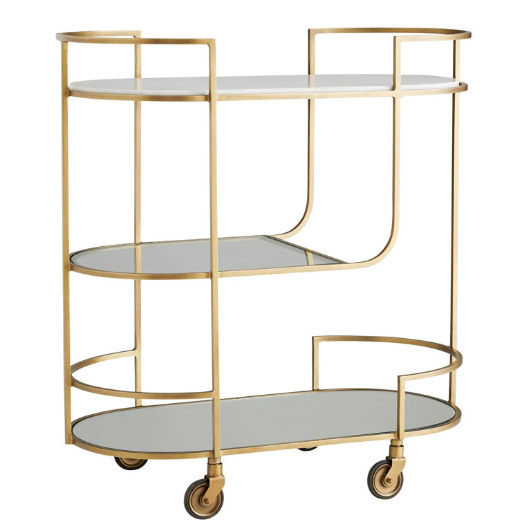 Antique Brass Oval Marble and Glass Bar Cart with Storage