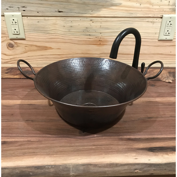 16" Rustic Circular Hand-Hammered Copper Vessel Sink with Handles