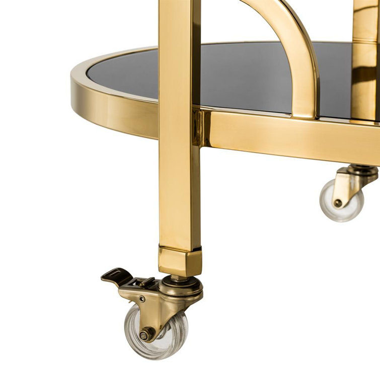 Gold Finish Oval Bar Cart with Black Glass Shelves