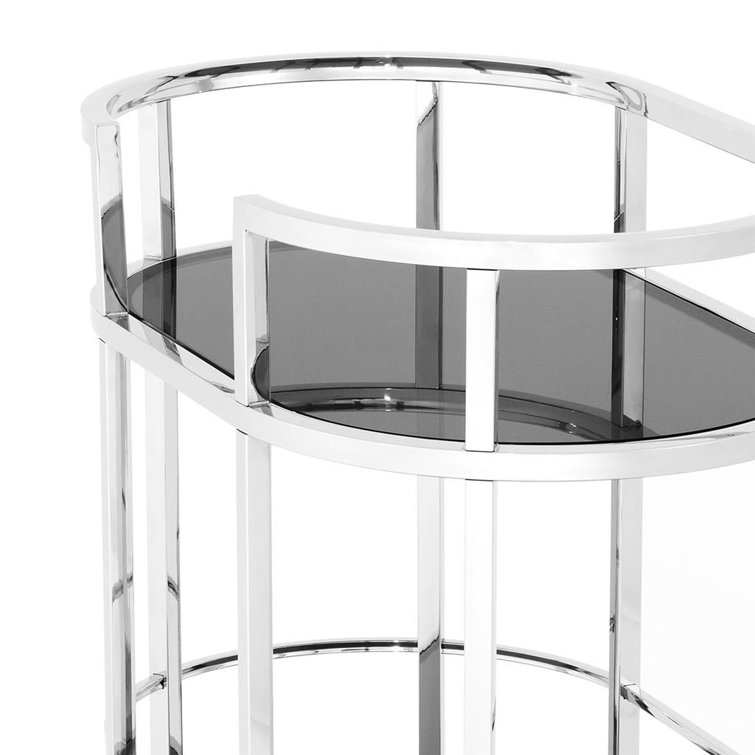 Silver Stainless Steel Bar Cart with Black Glass Shelves