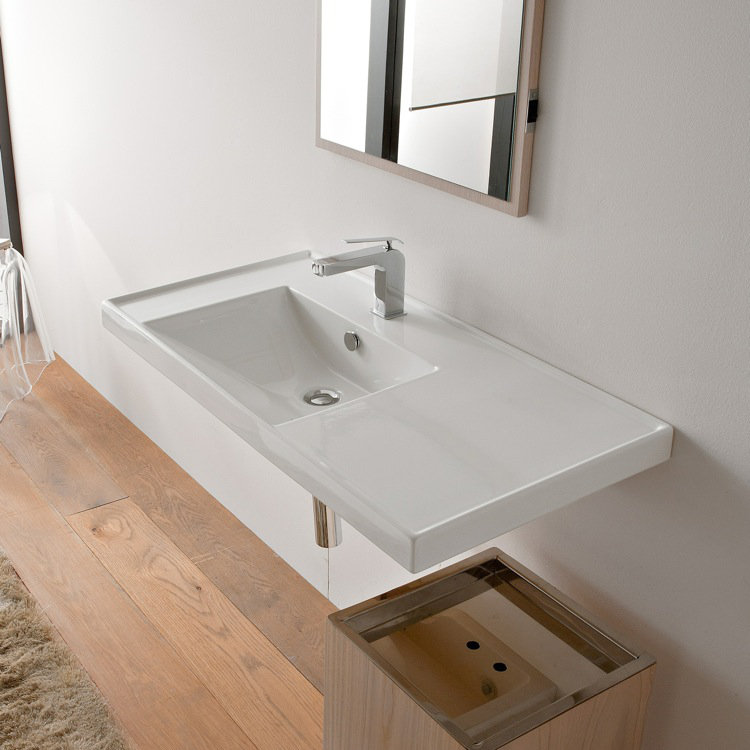 Glossy White Ceramic Wall-Mount Pedestal Sink with Overflow