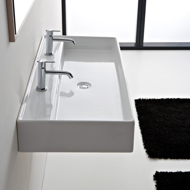 Teorema White Ceramic Double Faucet Wall-Mount Vessel Sink