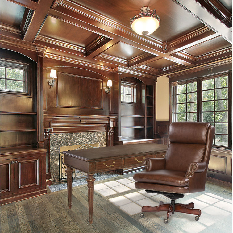 Executive Swivel Chair in Brown Leather with Traditional Wood Base