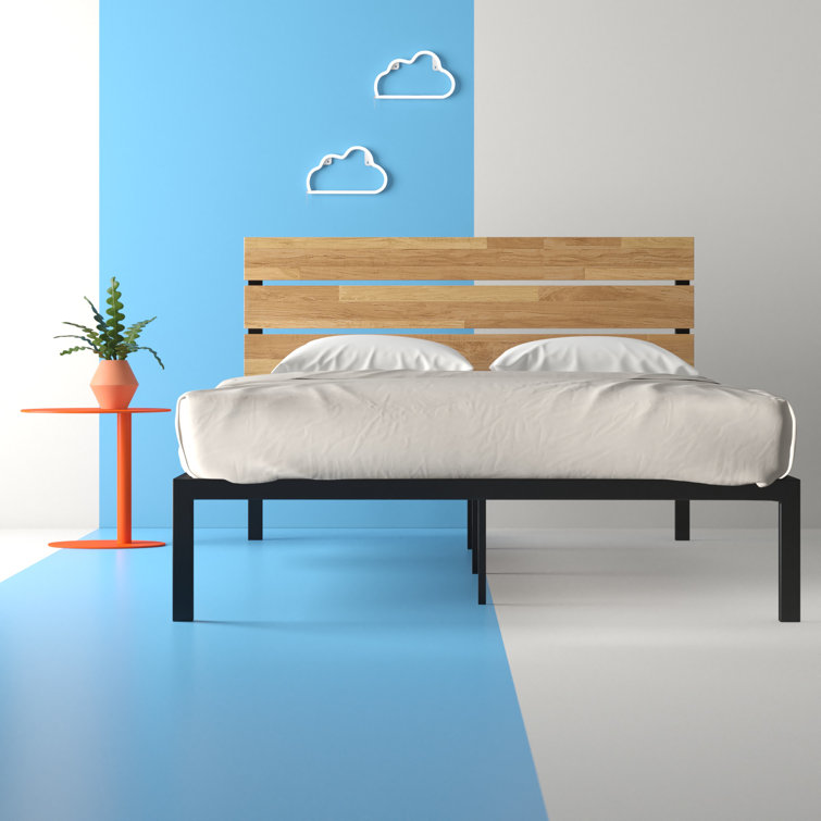King Black Metal and Bamboo Wood Platform Bed with Slats and Drawer