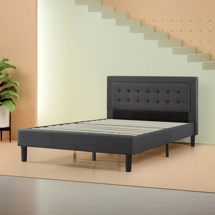 Dark Grey Queen Upholstered Platform Bed with Tufted Headboard