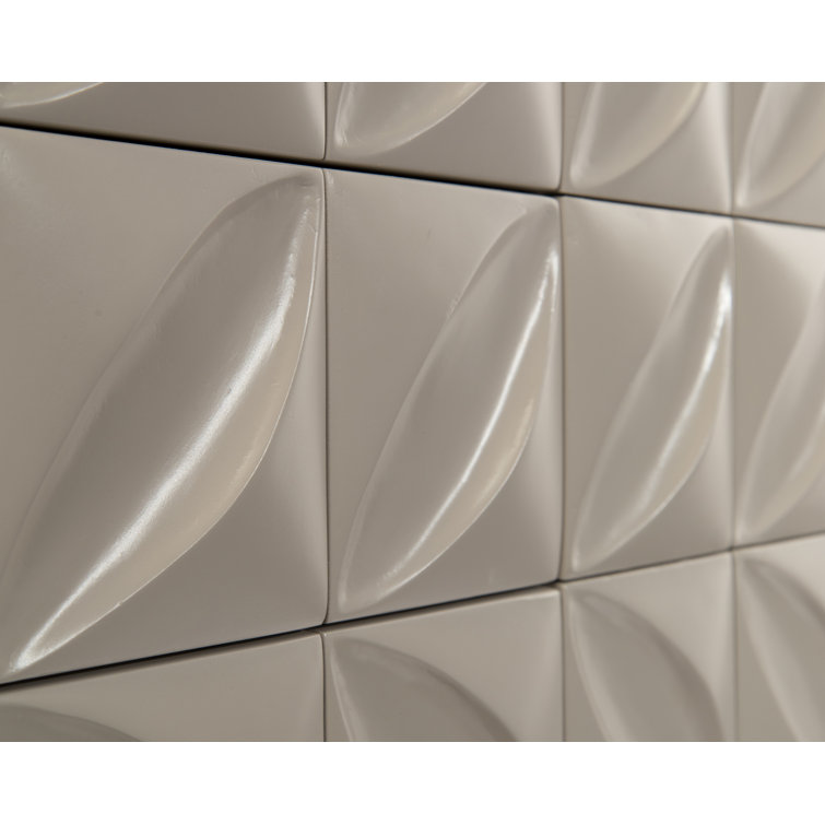 Contemporary Ghost White 61'' Carved Petal Credenza with Bronze Stand