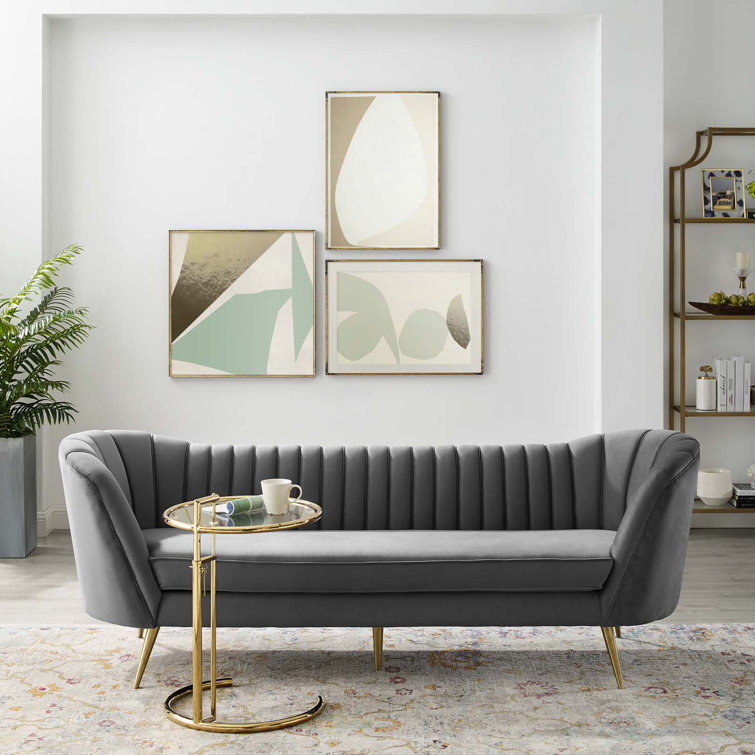 Elegant Gray Velvet Tufted Sofa with Gold Steel Legs