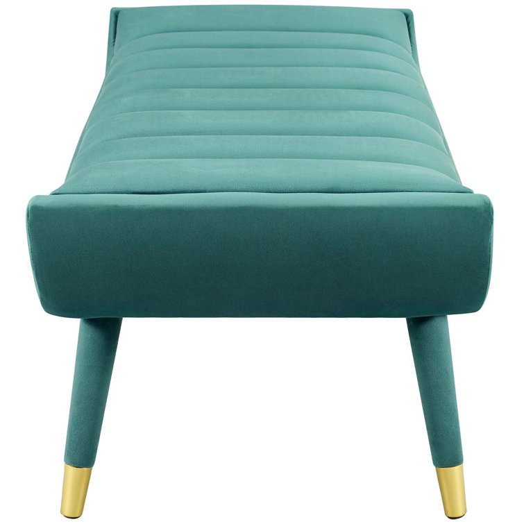 Teal Velvet Channel Tufted Accent Bench with Gold Legs
