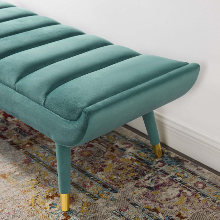 Teal Velvet Channel Tufted Accent Bench with Gold Legs