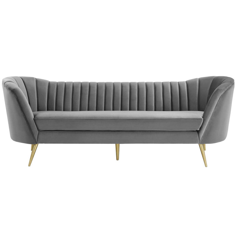 Elegant Gray Velvet Tufted Sofa with Gold Steel Legs