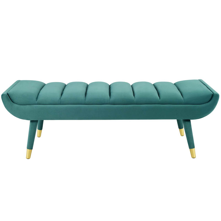 Teal Velvet Channel Tufted Accent Bench with Gold Legs