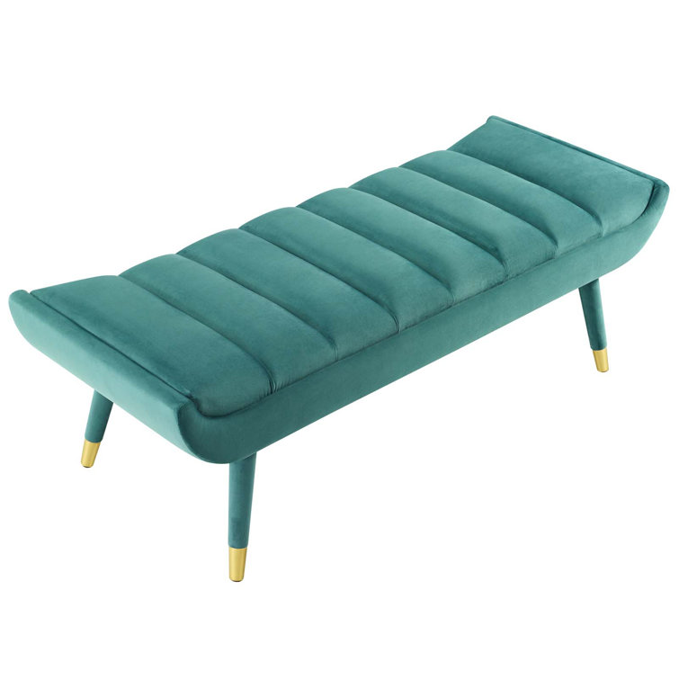 Teal Velvet Channel Tufted Accent Bench with Gold Legs