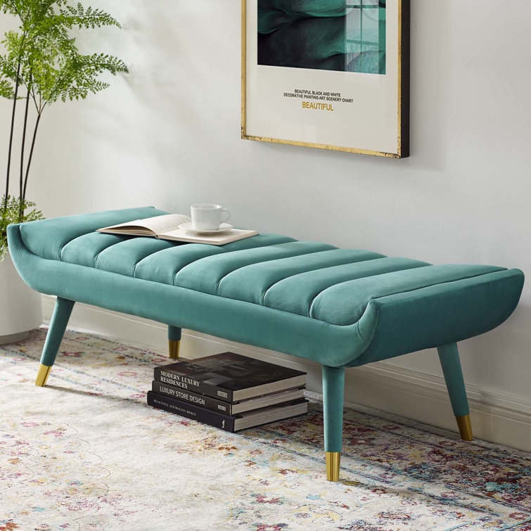 Teal Velvet Channel Tufted Accent Bench with Gold Legs