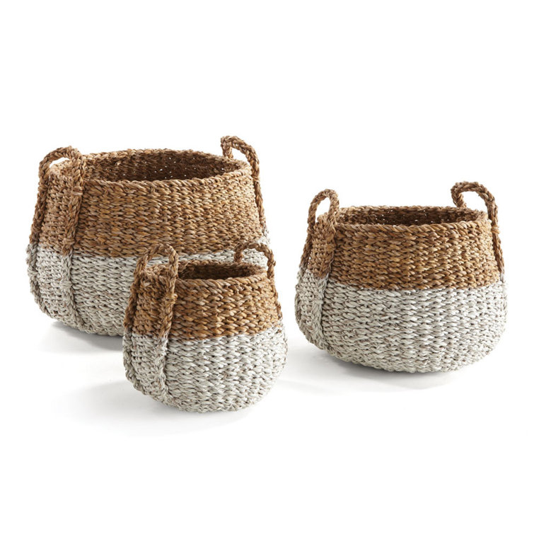 Natural and White Seagrass Round Storage Basket Set