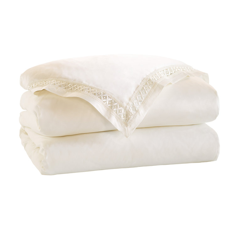 Ivory Queen Cotton Sateen Duvet Cover with Lace Trim