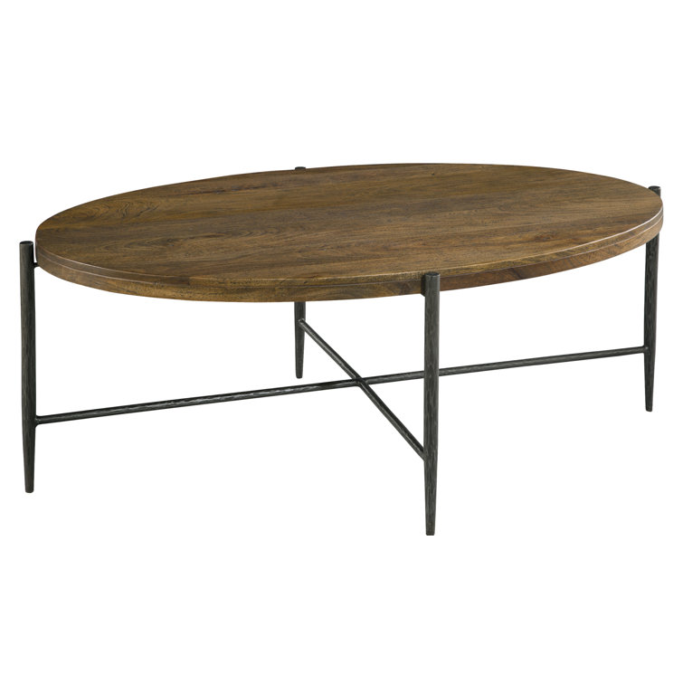 Oval Medium Brown Wood and Metal Coffee Table