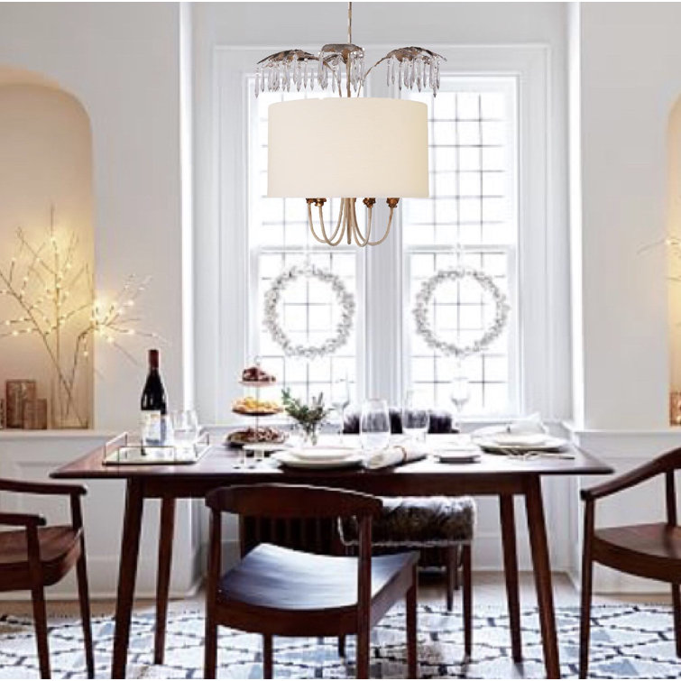 Antoinette Cream Linen and Glass 5-Light Drum Pendant with Distressed Gold and Silver Accents