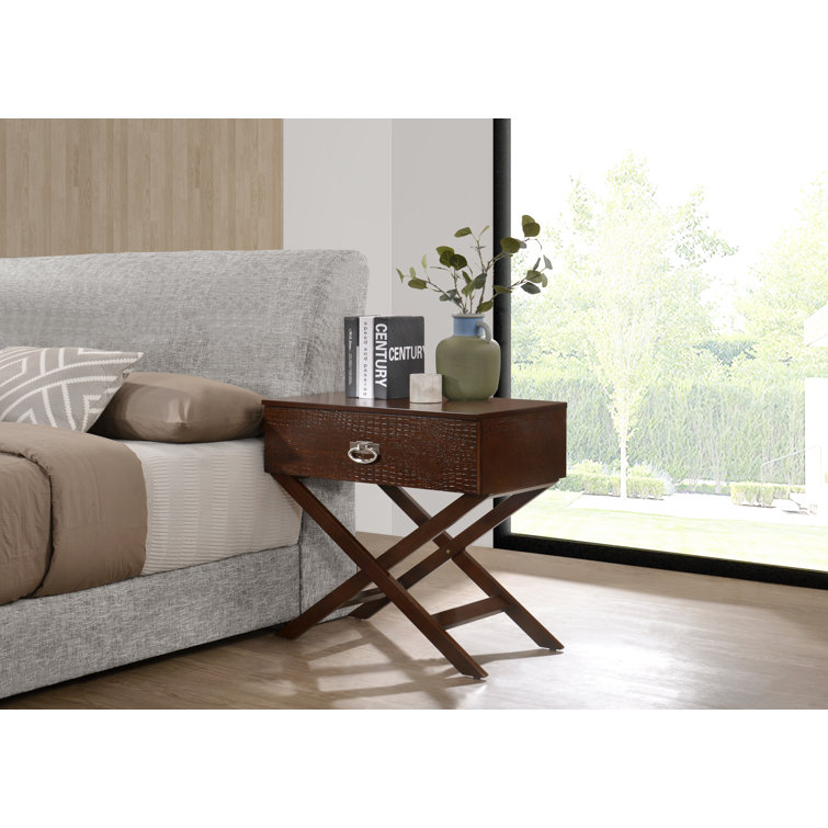 Cappuccino Crocodile Pattern 1-Drawer Nightstand with X-Shaped Base
