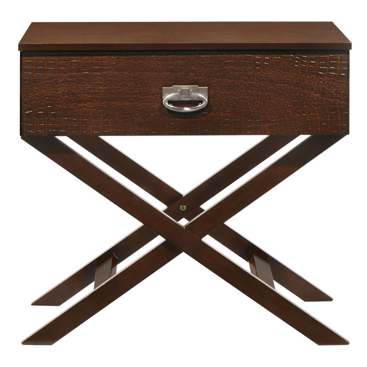 Cappuccino Crocodile Pattern 1-Drawer Nightstand with X-Shaped Base