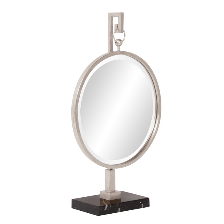 Round Silver Wood Table Mirror with Black Marble Base