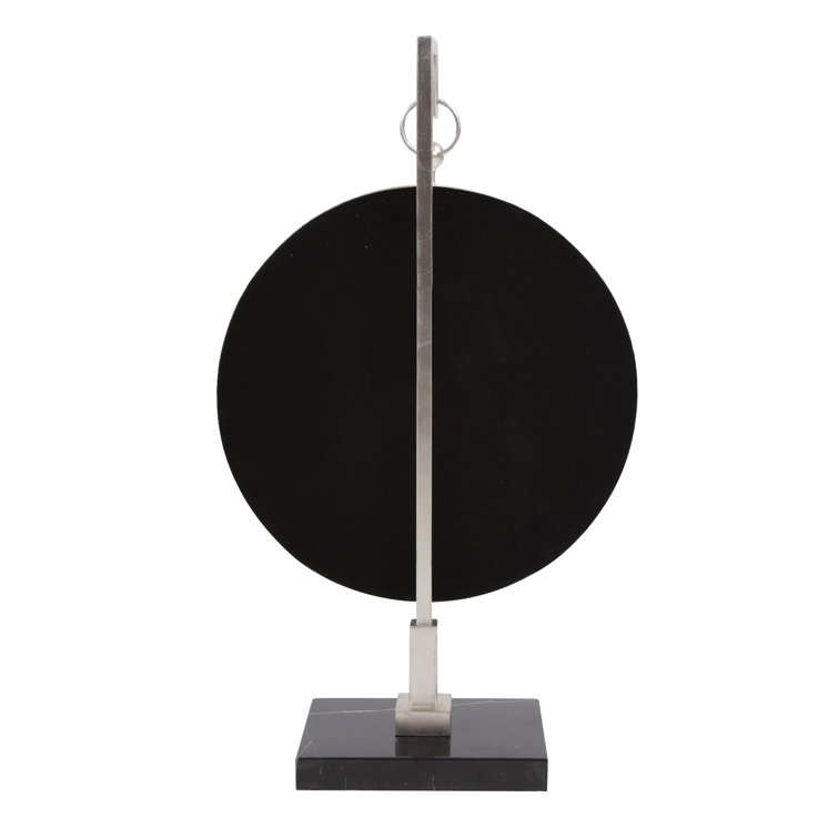 Round Silver Wood Table Mirror with Black Marble Base