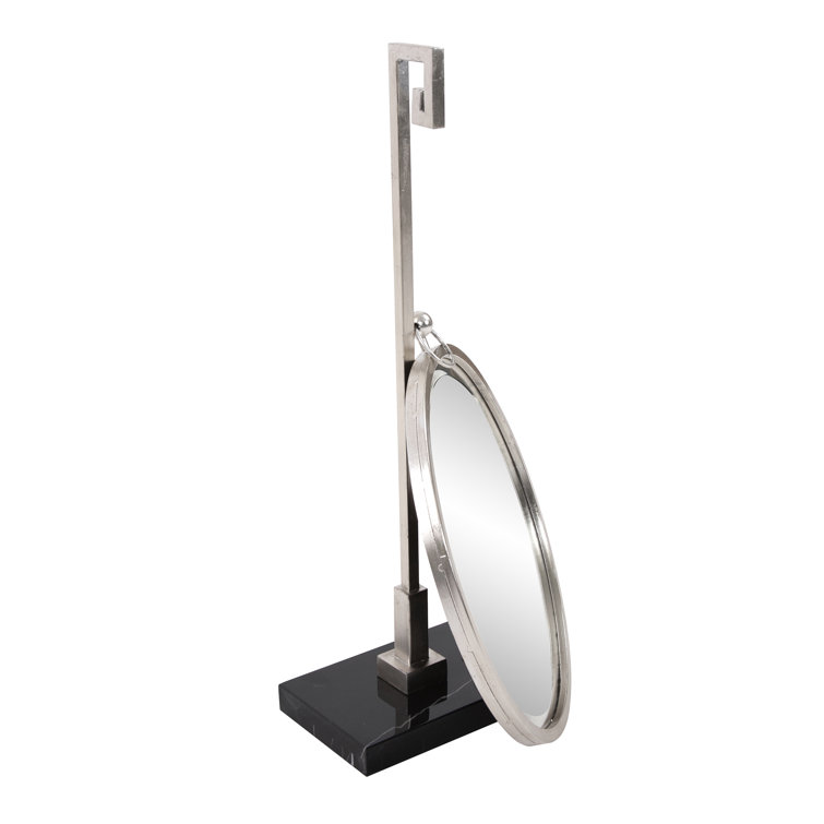 Round Silver Wood Table Mirror with Black Marble Base