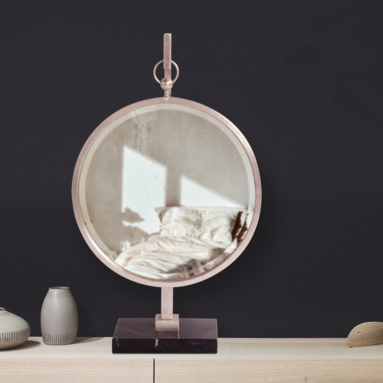 Round Silver Wood Table Mirror with Black Marble Base