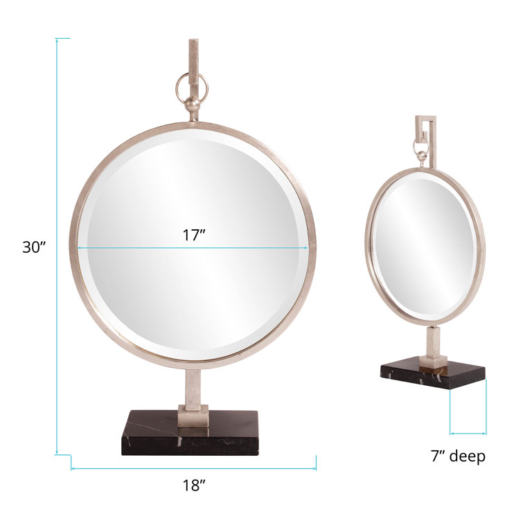 Round Silver Wood Table Mirror with Black Marble Base