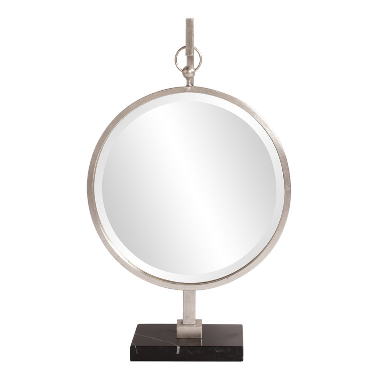 Round Silver Wood Table Mirror with Black Marble Base