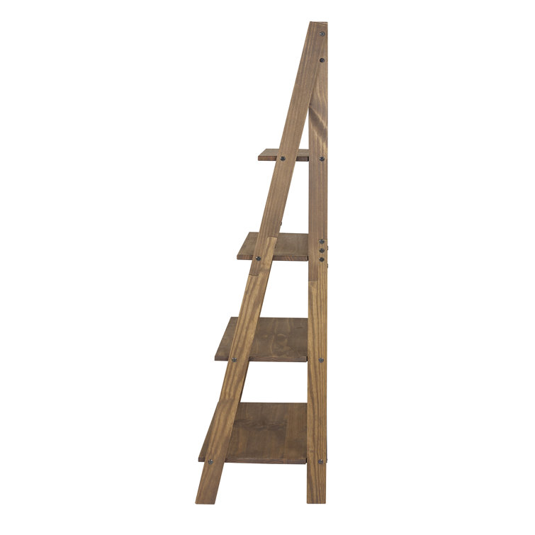 Pine Wood 68'' Brown Ladder Bookshelf with Metal X Design