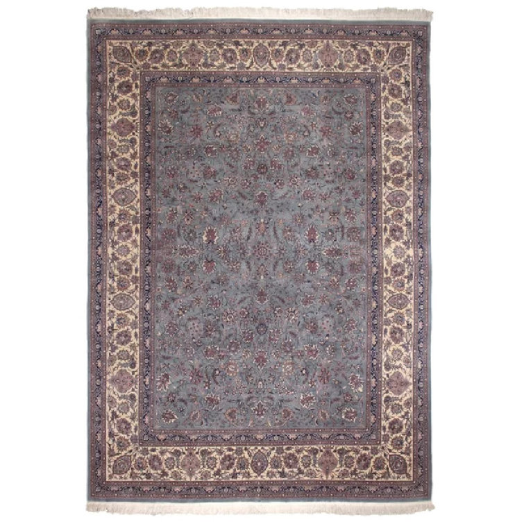 Hand-Knotted Blue and Ivory Wool Floral Area Rug