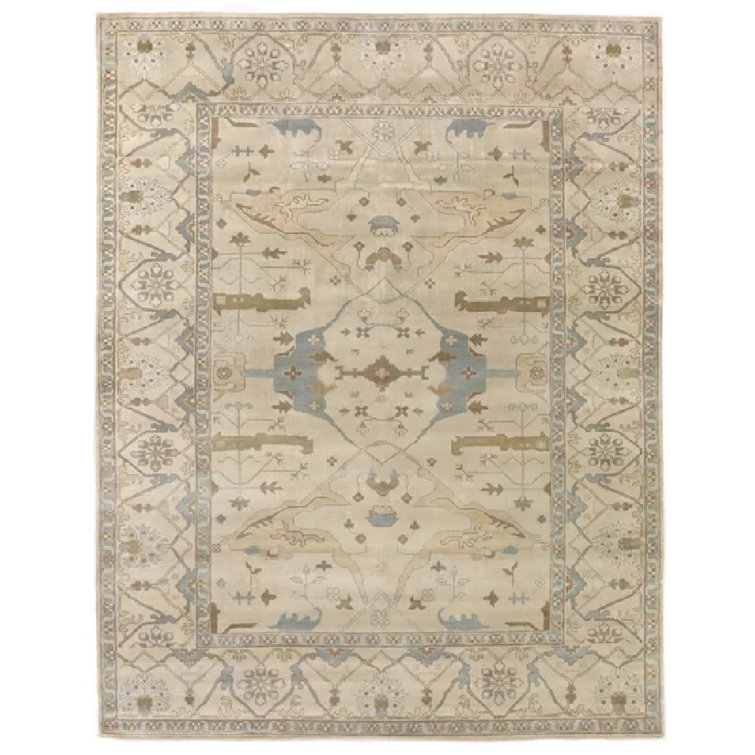 Hand-Knotted Blue and Beige Wool Oriental Rug, 10' x 14'