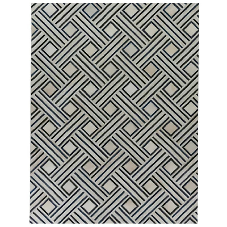Handmade Ivory and Blue Geometric Cowhide Area Rug