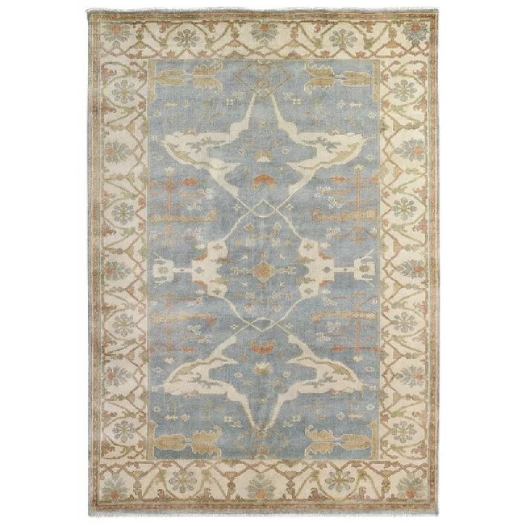 Blue and Beige Hand-Knotted Wool 8' x 10' Oriental Rug