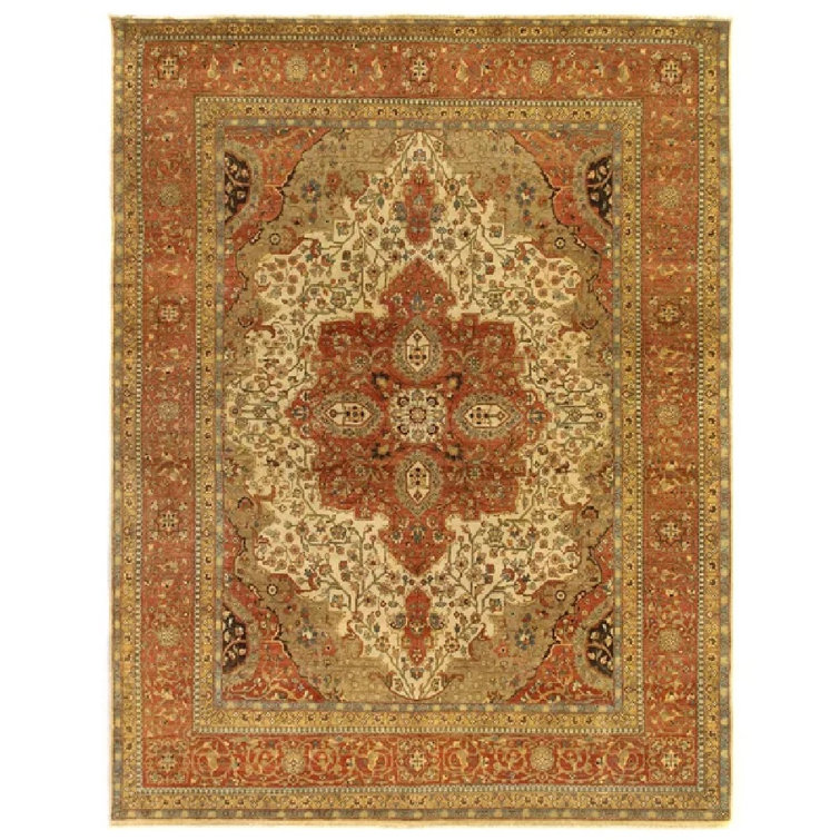 Ivory and Rust Hand-Knotted Wool 8' x 10' Rug