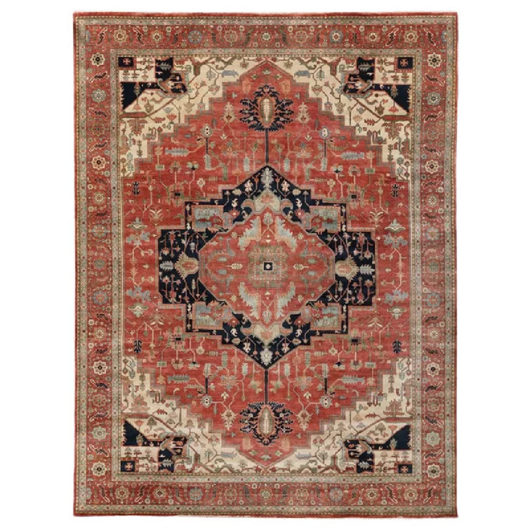 Hand-Knotted Ivory and Red Wool 8' x 10' Rug