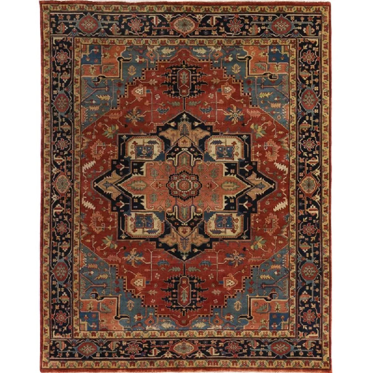 Antique Weave Serapi Hand-Knotted Wool Rug in Blue and Rust
