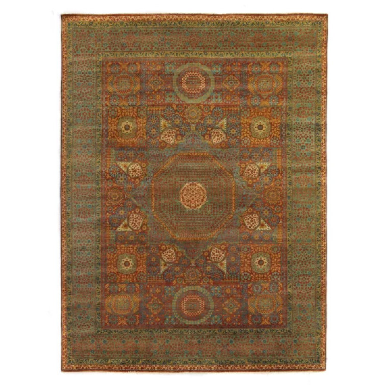 Hand-Knotted Green and Rust Wool 8' x 10' Area Rug
