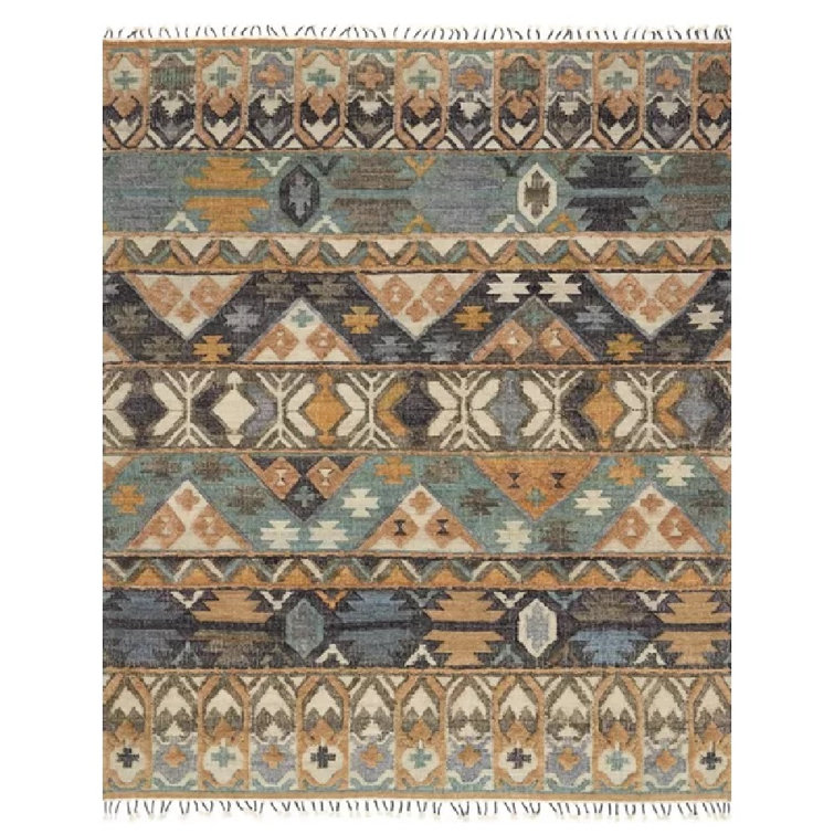 Hand-Knotted Owen Ocean Blue Geometric Wool-Cotton Rug, 5' x 7'
