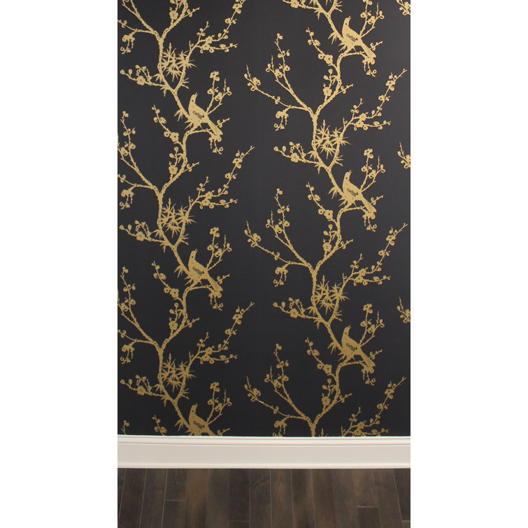 Black and Gold Chinoiserie Bird Peel and Stick Wallpaper