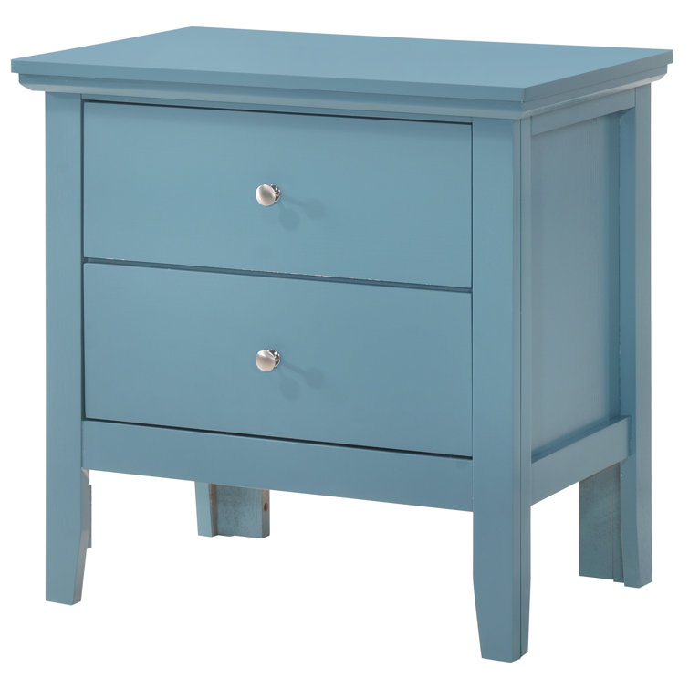 Teal Blue 2-Drawer Wooden Nightstand with Metal Handles