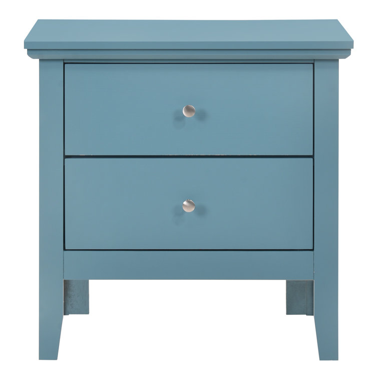 Teal Blue 2-Drawer Wooden Nightstand with Metal Handles