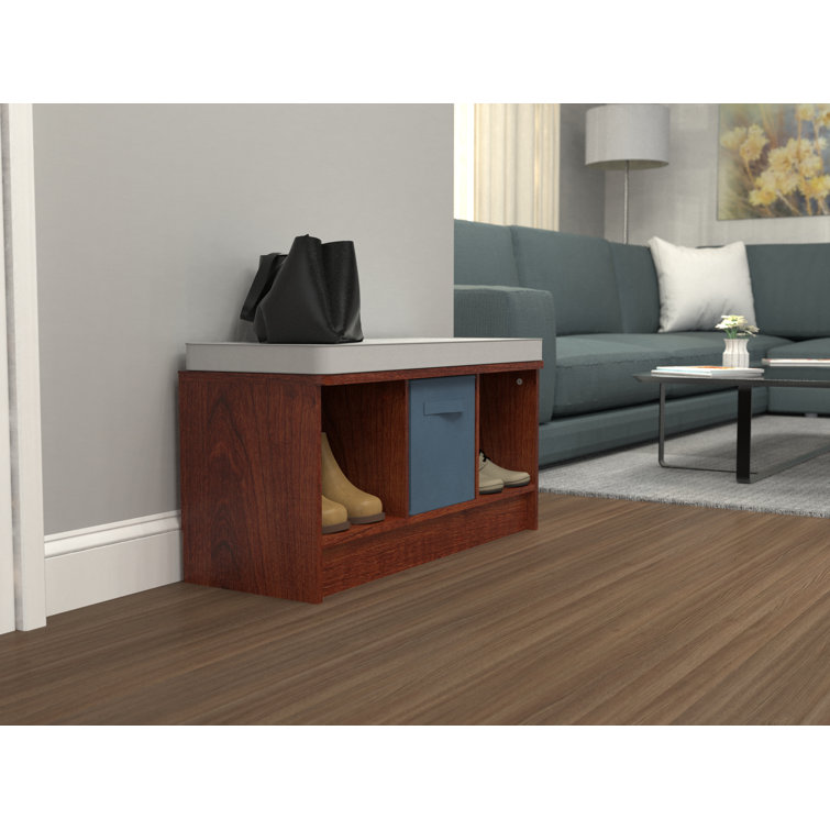 Laminated Wood 3-Cube Storage Bench with Gray Cushion