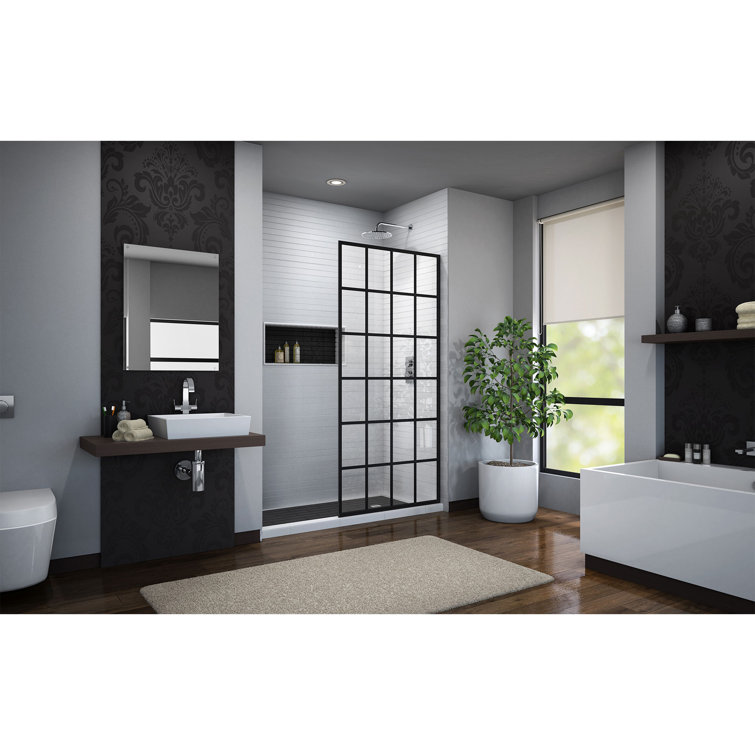 French Linea 34" Black Frameless Shower Door with Frosted Glass